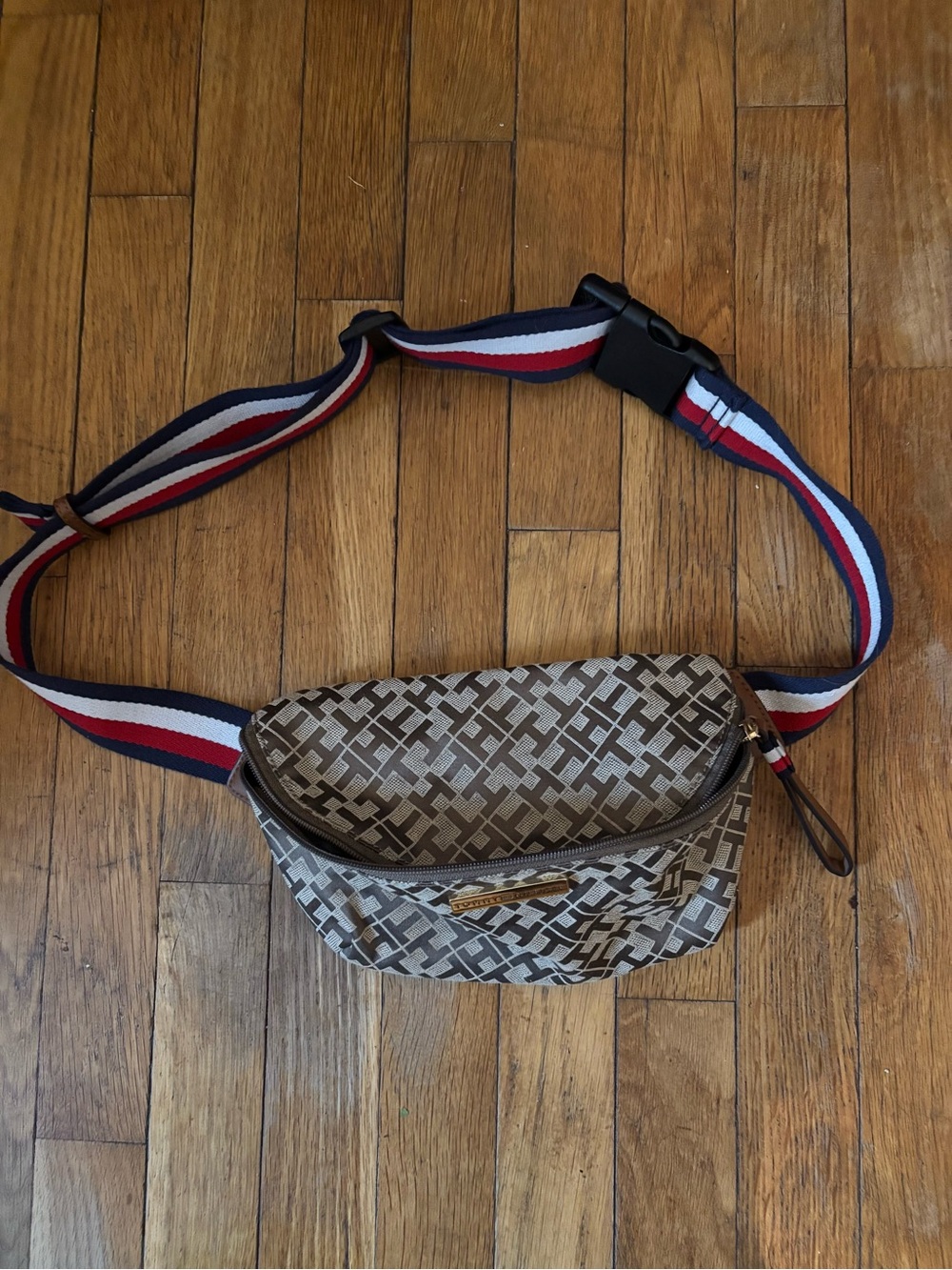 Tommy Hilfiger Brown Patterned Crossbody Belt Bag with Tri-Color Strap